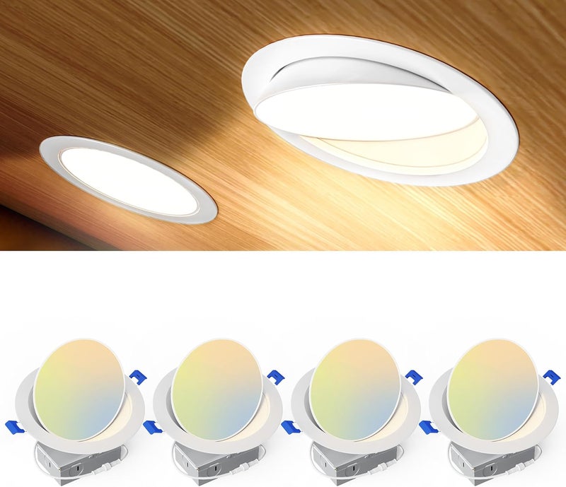 Ensenior 4 Pack 6 inch 5CCT LED Eyeball Recessed Lighting, 360°+90° Rotatable, Dimmable Gimbal Recessed Lights, Canless Angled Adjustable Ceiling Downlight, 1300LM, 12W=115W, 120V - ETL&FCC - Image 1